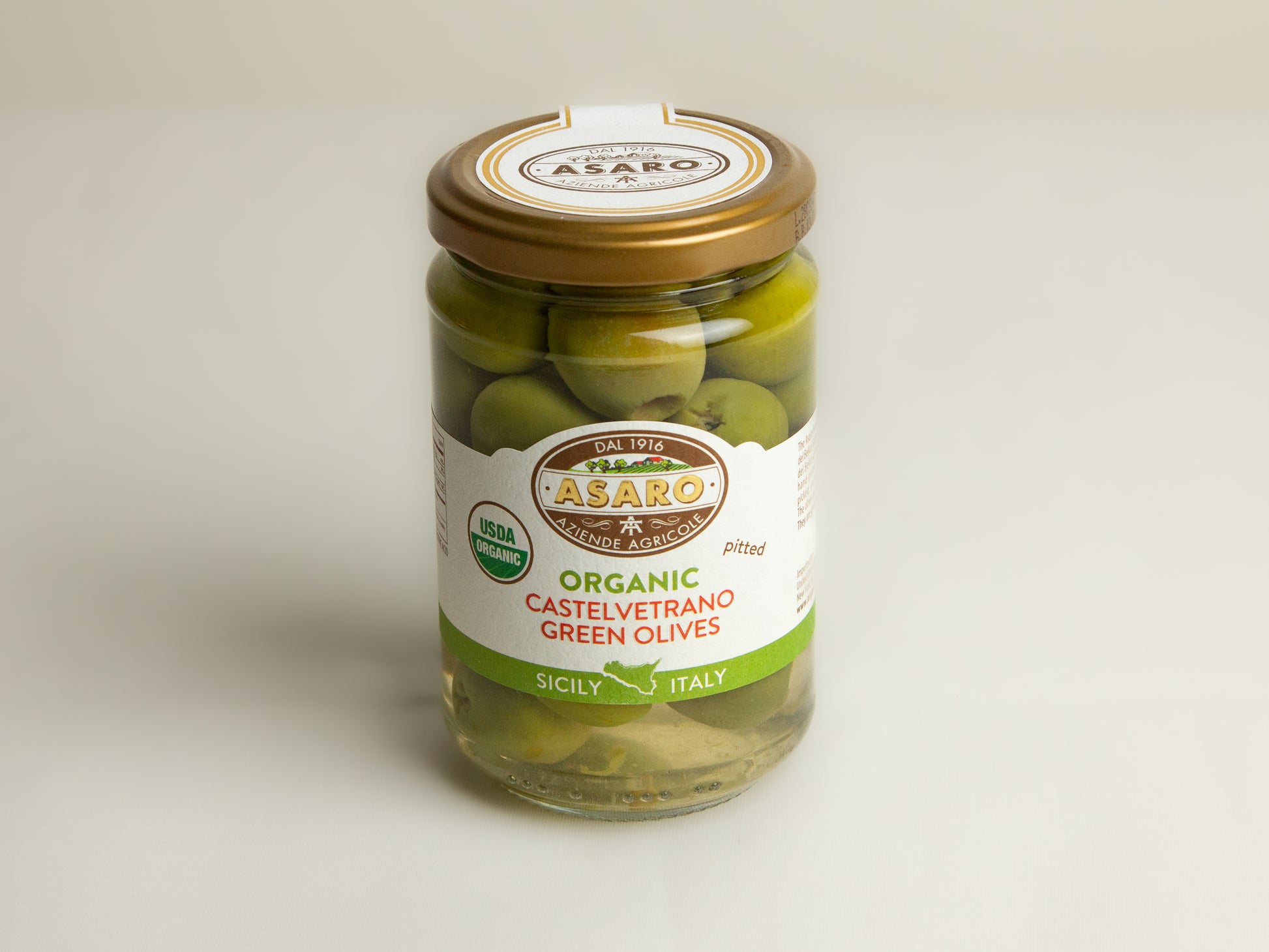 Asaro Organic Castelvetrano Green Olives in glass jar