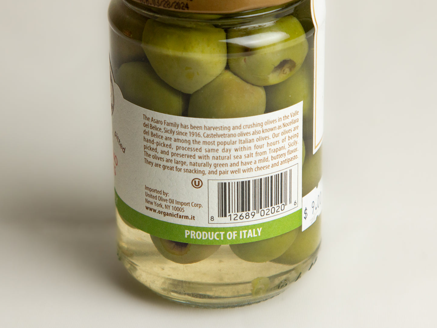 Asaro Organic Castelvtrano Green Olives in glass jar description