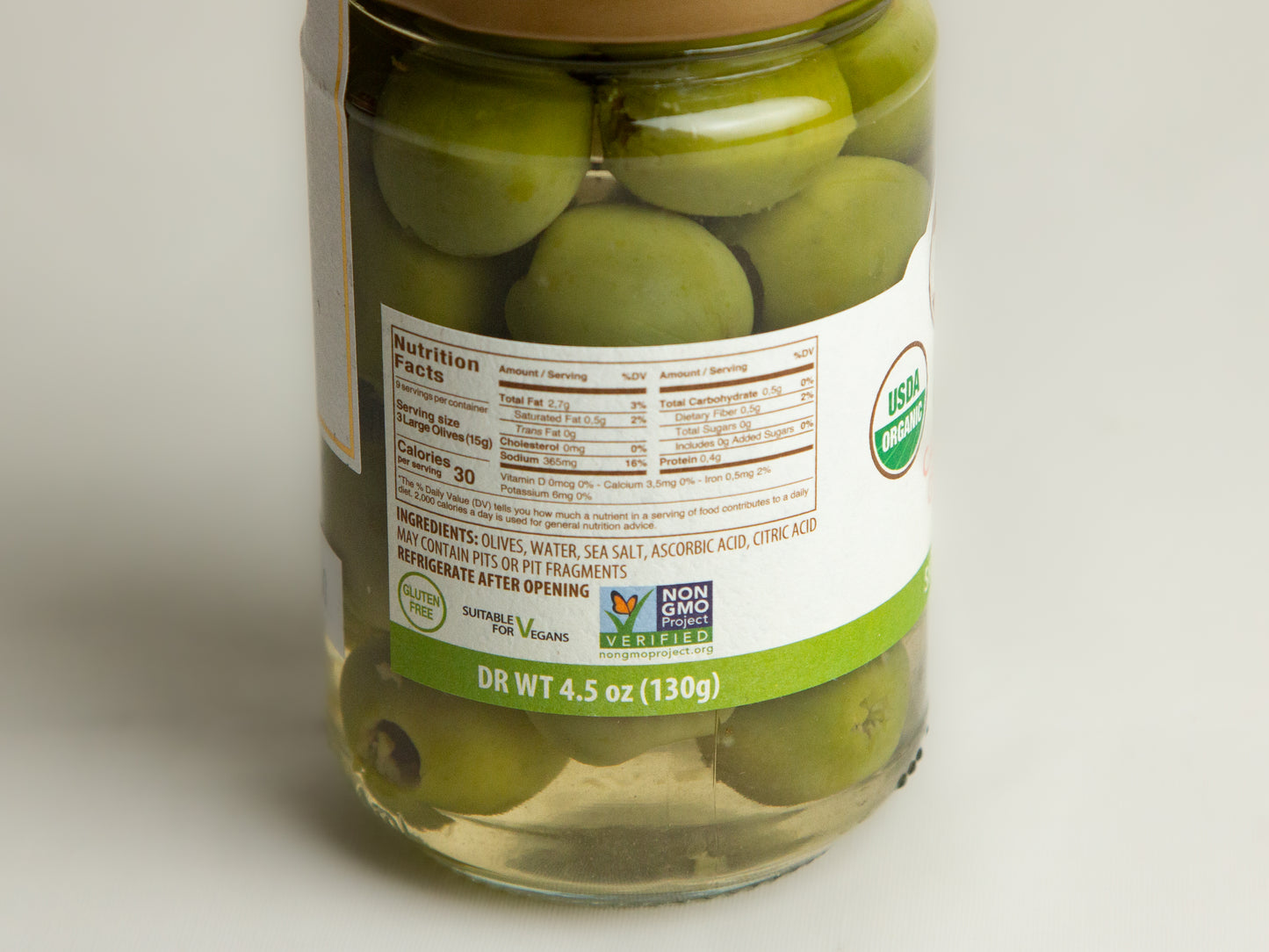 Asaro Organic Castelvtrano Green Olives Nutrition information in glass jar