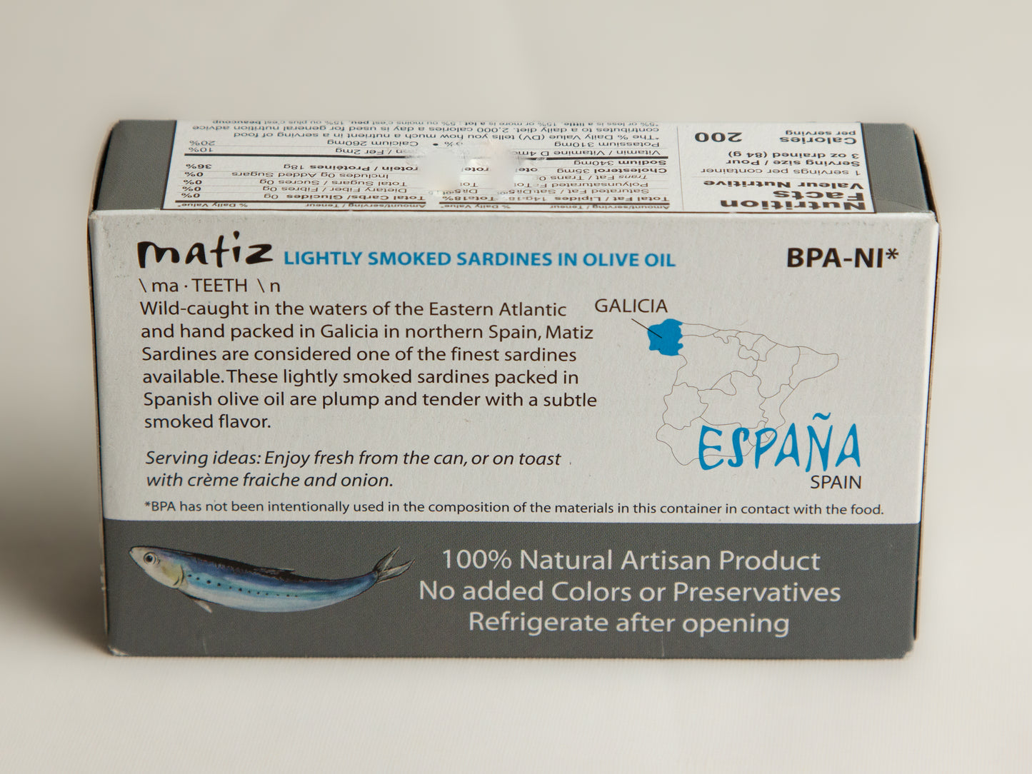 Box of Matiz Lightly Smoked Sardines Description