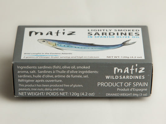box of Matiz Lightly Smoked Sardines ingredients list