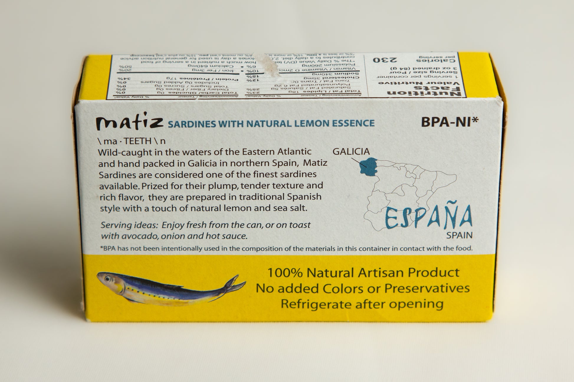 Matiz Wild Sardines in Lemon description on back of box
