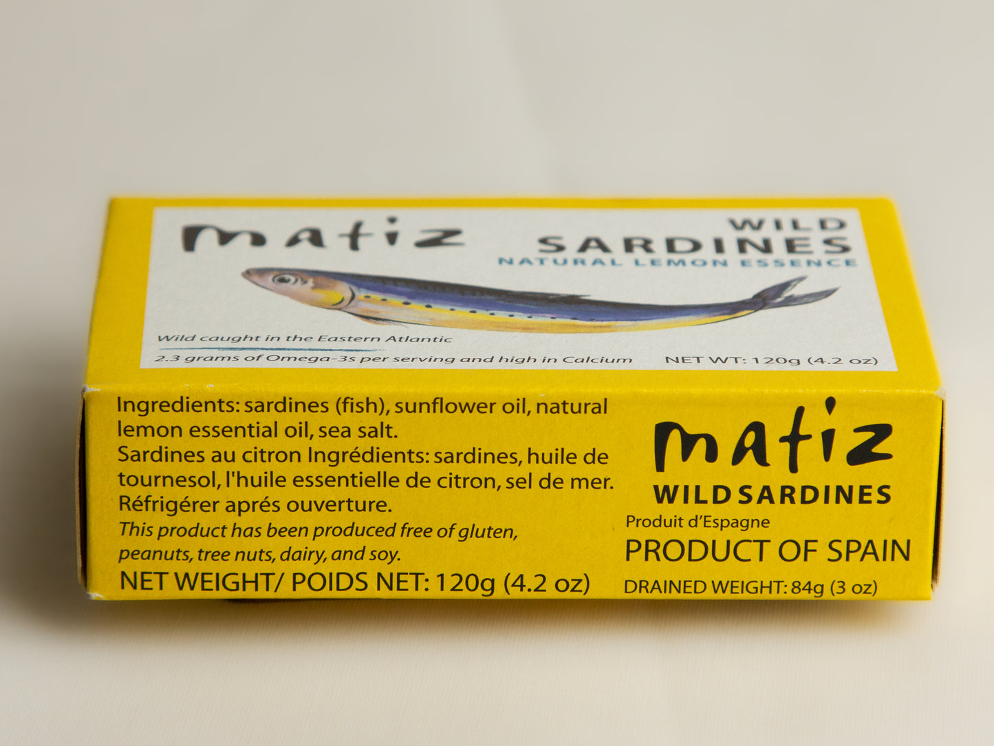 Matiz Wild Sardines in Lemon Ingredients listed on side of box