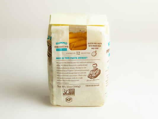 back of 1lb bag of Rummo Gluten Free Penne Rigate No. 66 description