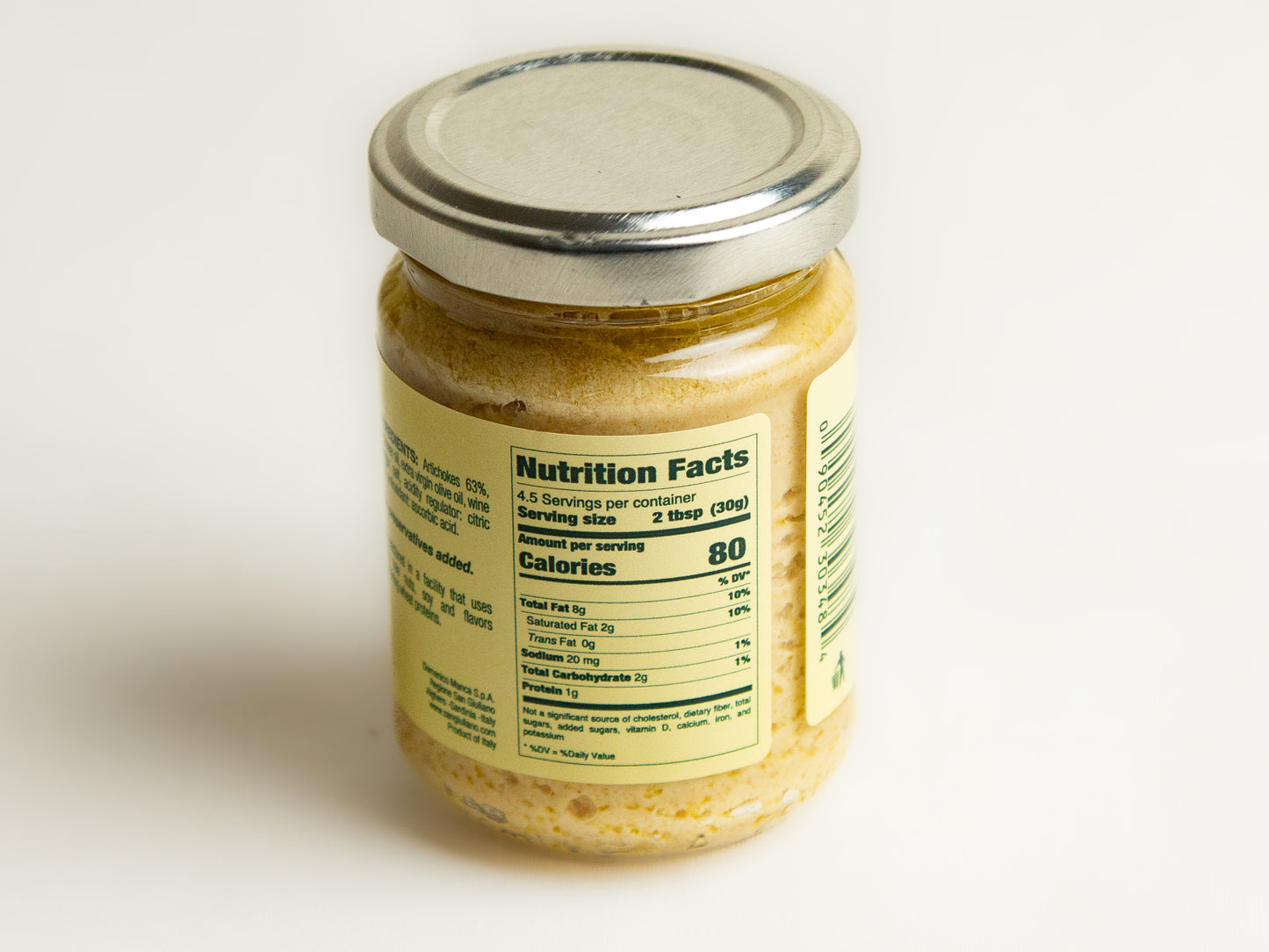 San Giuliano Artichoke Spread Nutrition Side on small glass jar